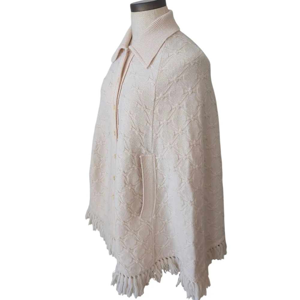Vintage Cuddle Knit fringed, button up, knit capelet W arm holes. Medium